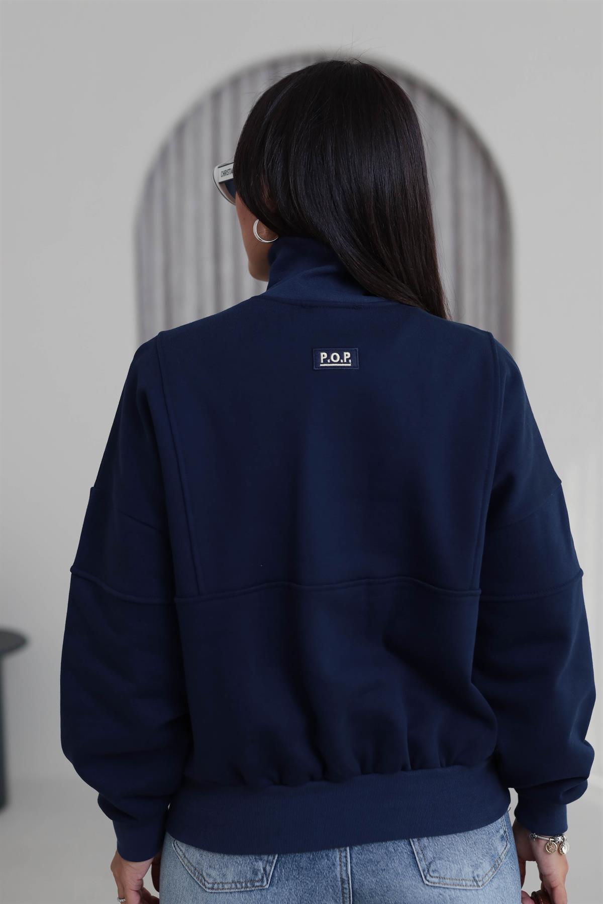 8745 Orj Marka Yarım Fermuarlı Cep Detaylı Sweatshirt LACİVERT