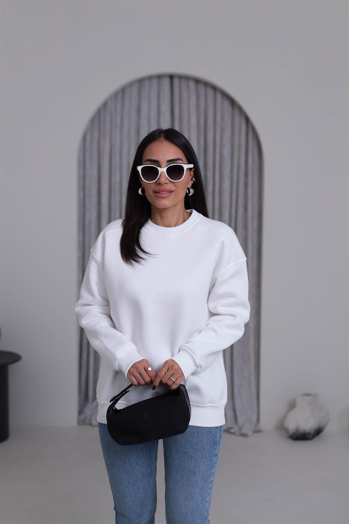 7912 Bisiklet Yaka Şardonlu Sweatshirt EKRU
