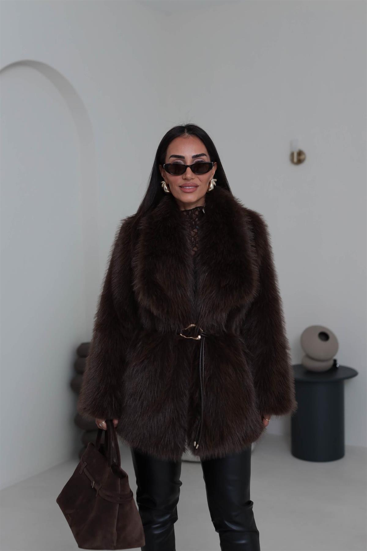 Yakalı Kemerli Suni Kürk Kaban KAHVE