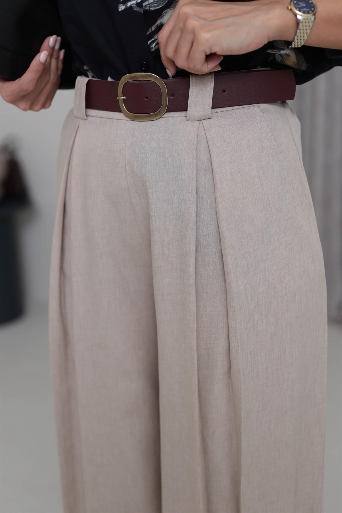 2569 Arka Bel Lastikli Kemerli Palazzo Pantolon BEJ