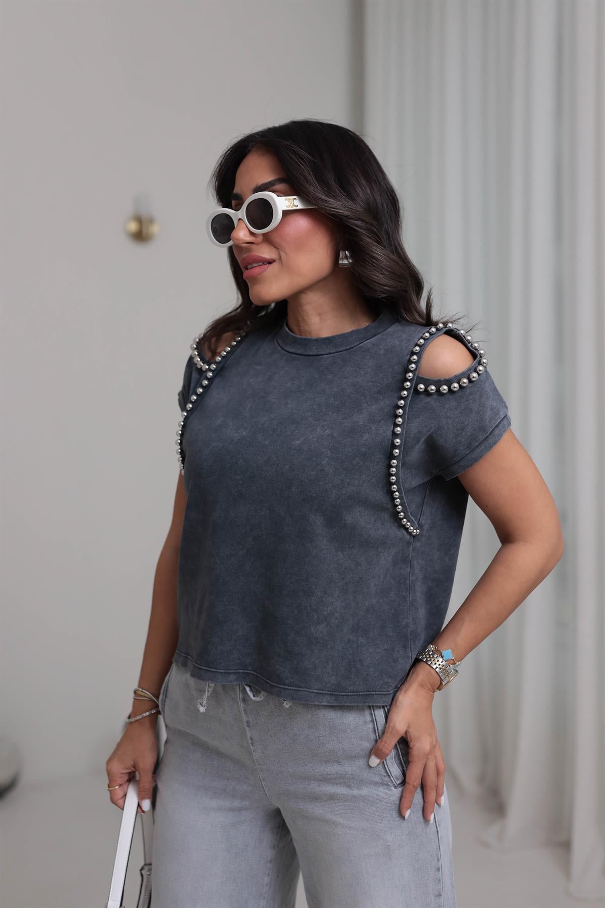 7089 Yıkamalı Boncuk Detay Pamuklu Tshirt FÜME