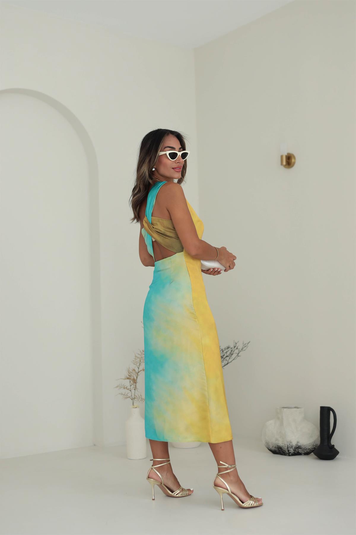 9893 Tek Omuz Sırt Dekoteli Saten Elbise