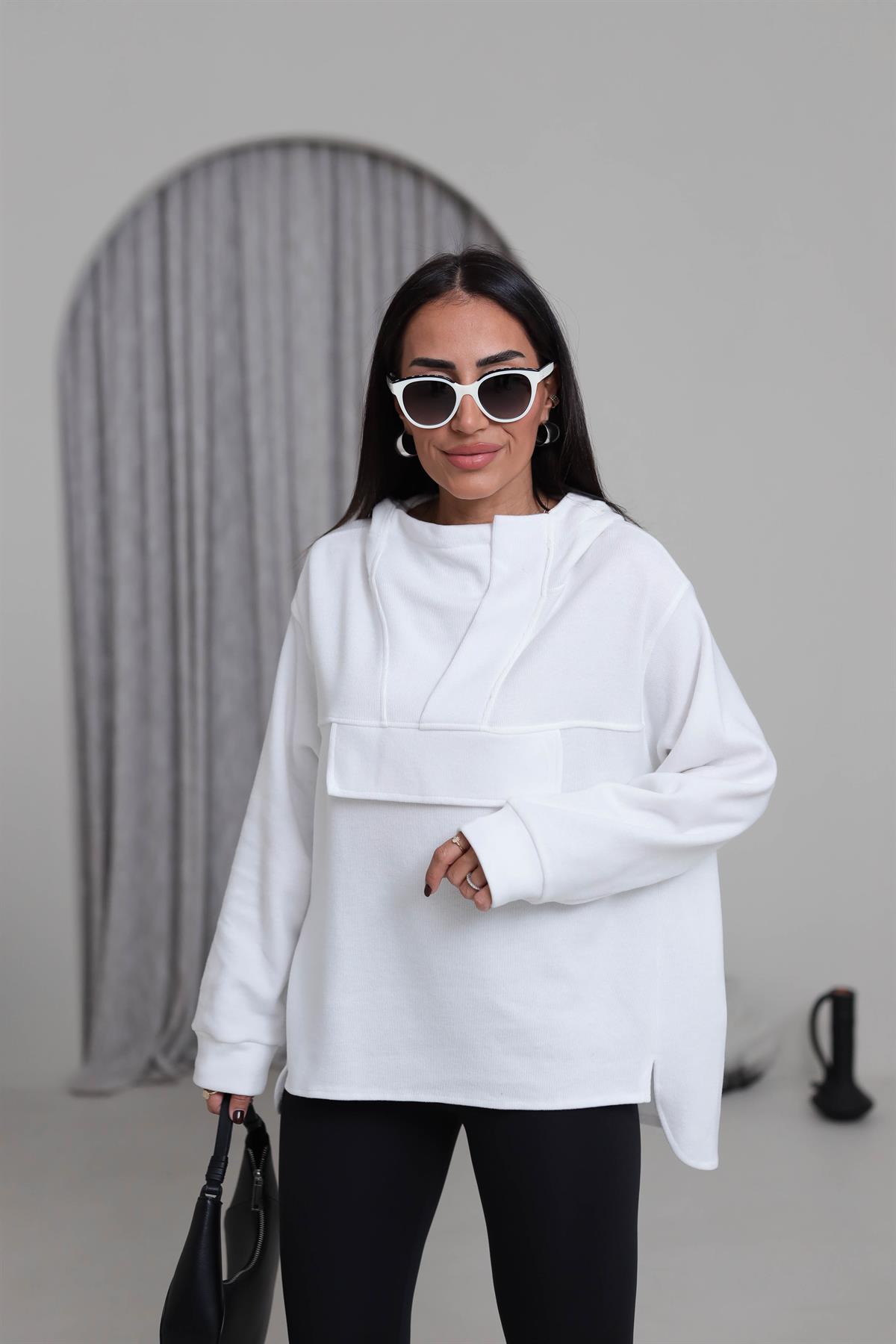1750 Yaka Detay Selanik Kapşonlu Sweatshirt BEYAZ