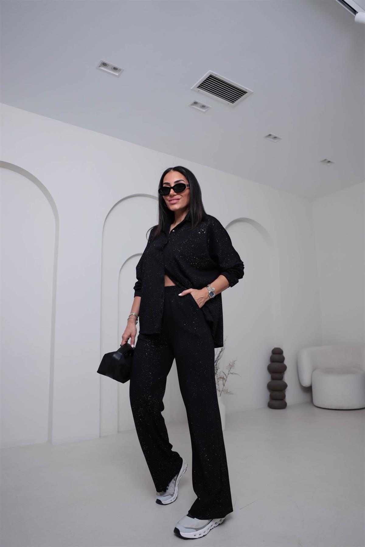 2524  Sim Geçişli Gömlek Pantolon Takım SİYAH