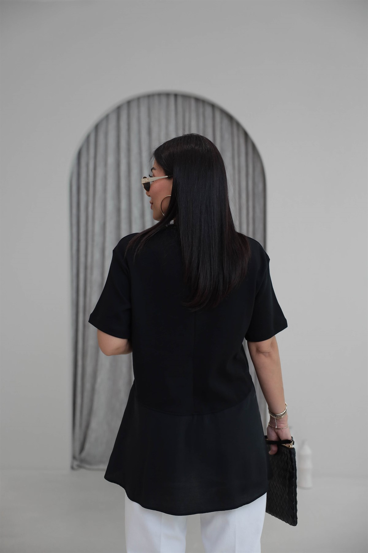 8204 Bisiklet Yaka Tencel Garnili Dökümlü Tshirt SİYAH