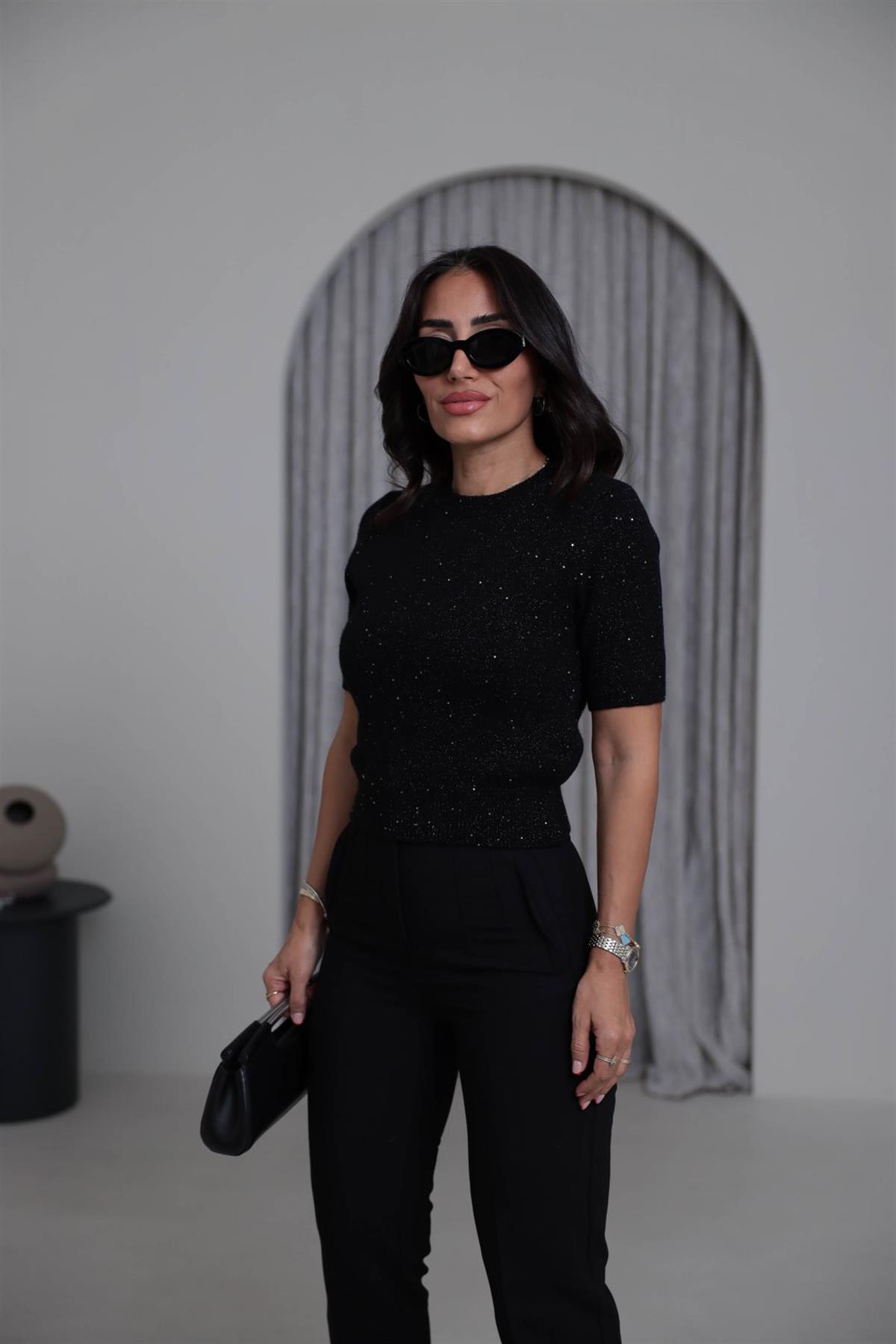 0703 Bisiklet Yaka Simli Pullu Triko SİYAH