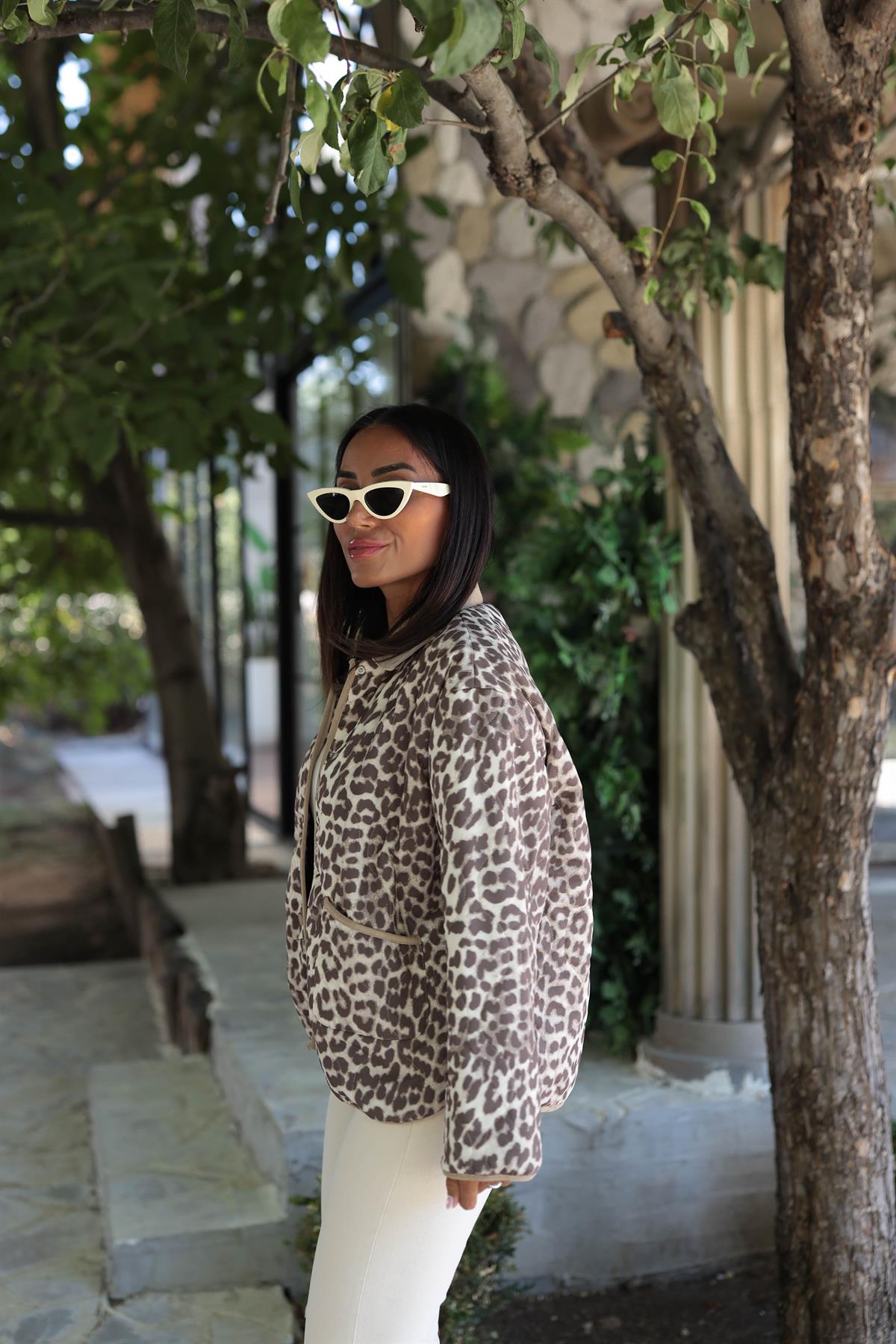 1016 Kapitone Cep Detaylı Çıtçıtlı Ceket LEOPAR