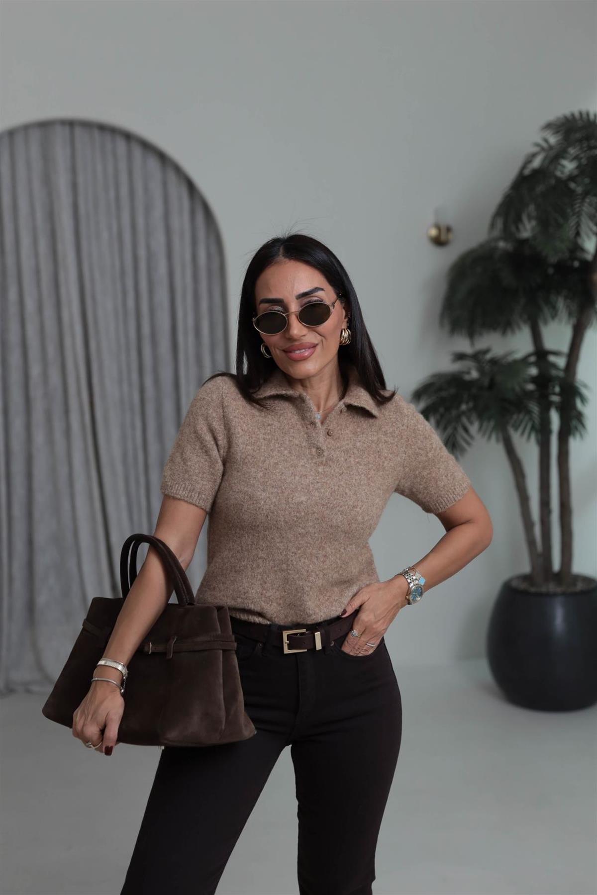 0109 Polo Yaka Massi Kısa Kol Yumoş Kazak CAMEL