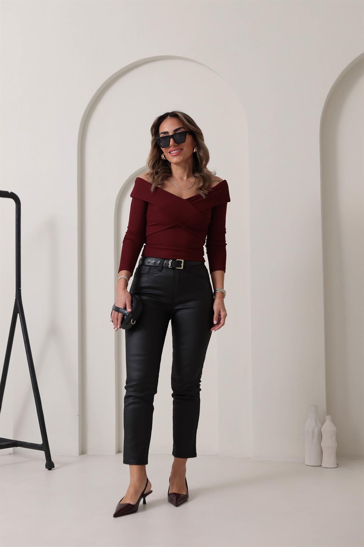 9184 Ottoman Kumaş Çapraz Detay Bluz BORDO