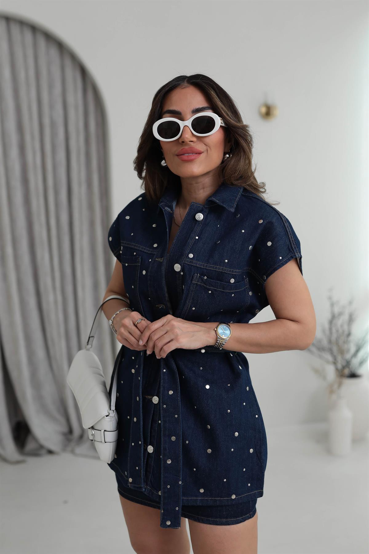 9088 Droplu Bel Kuşaklı Jean Yelek KOYU LACİ