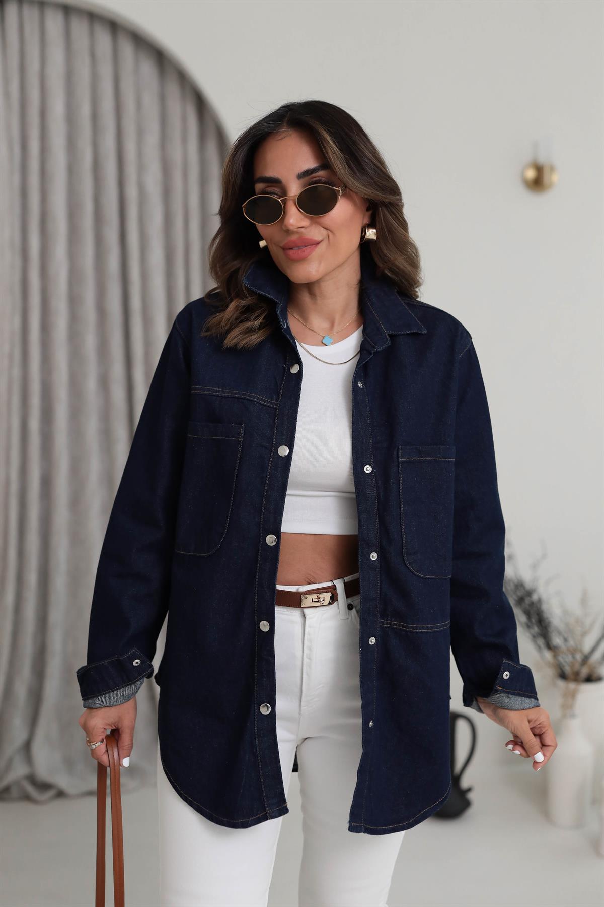 6016 Cep Detaylı Çıtçıtlı Denim Ceket KOYU LACİ