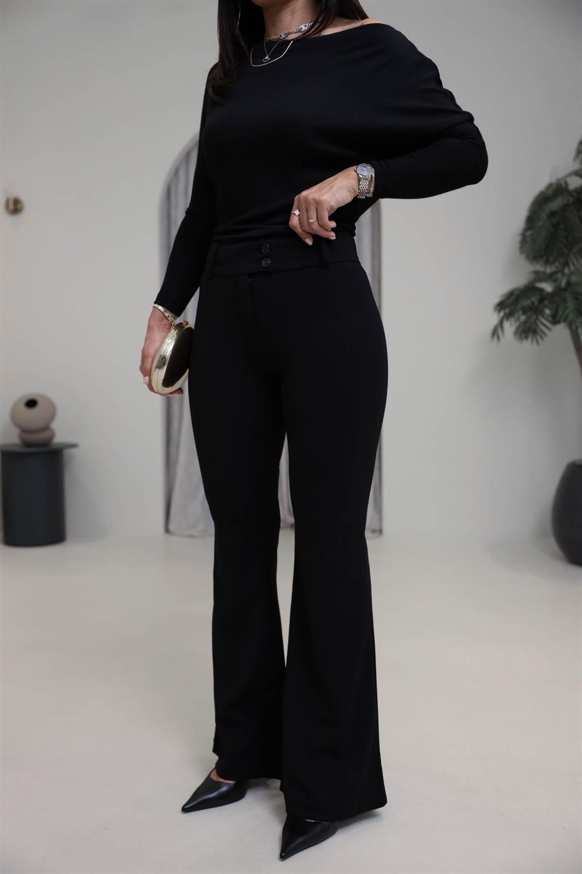 4094 Korsajlı Likralı Flare Pantolon SİYAH