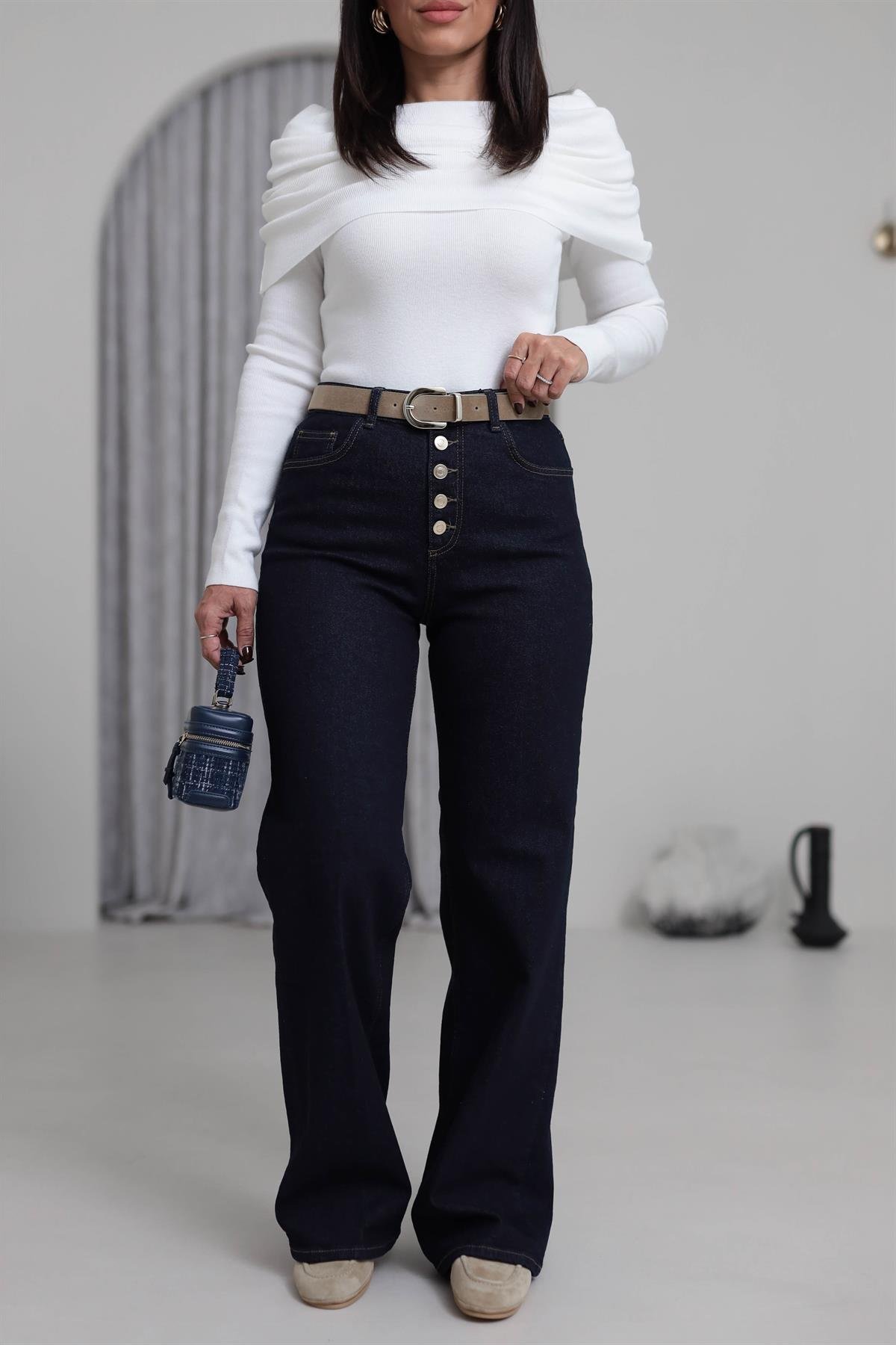 D-884 Kemerli 5 Düğmeli Wide Leg Pantolon LACİVERT