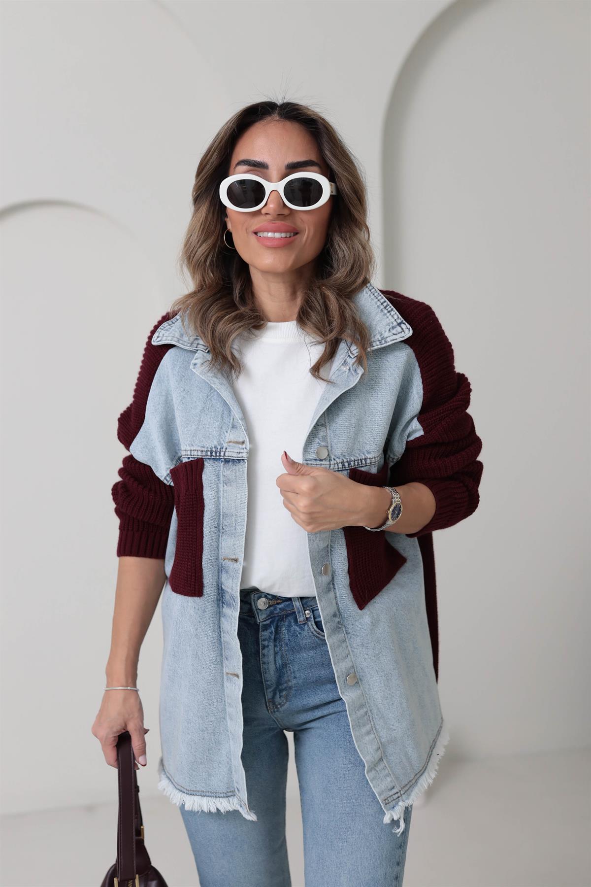 4113 Triko Garnili Oversize Ceket BORDO