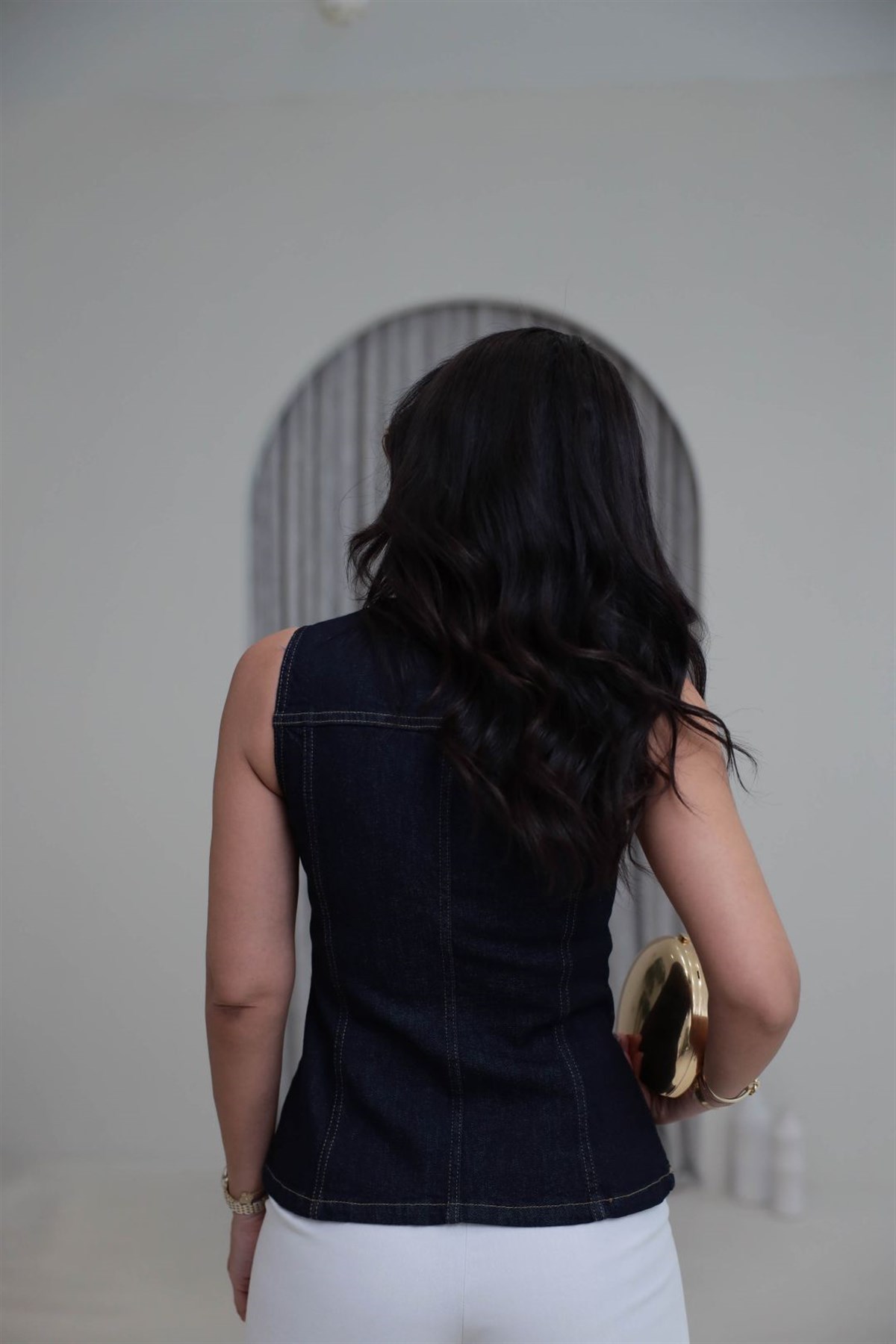 0758 Gold Düğmeli Kot Yelek LACİVERT