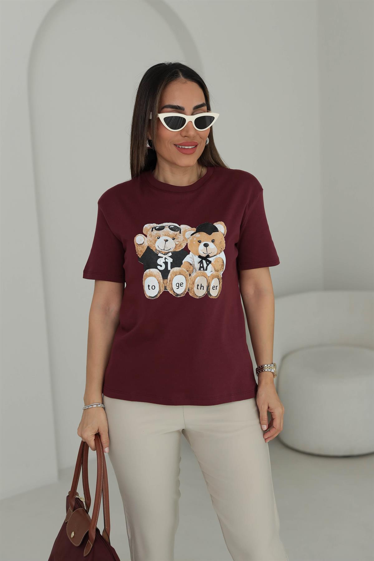 7878 Tedy Baskılı Bisiklet Yaka Tshirt BORDO