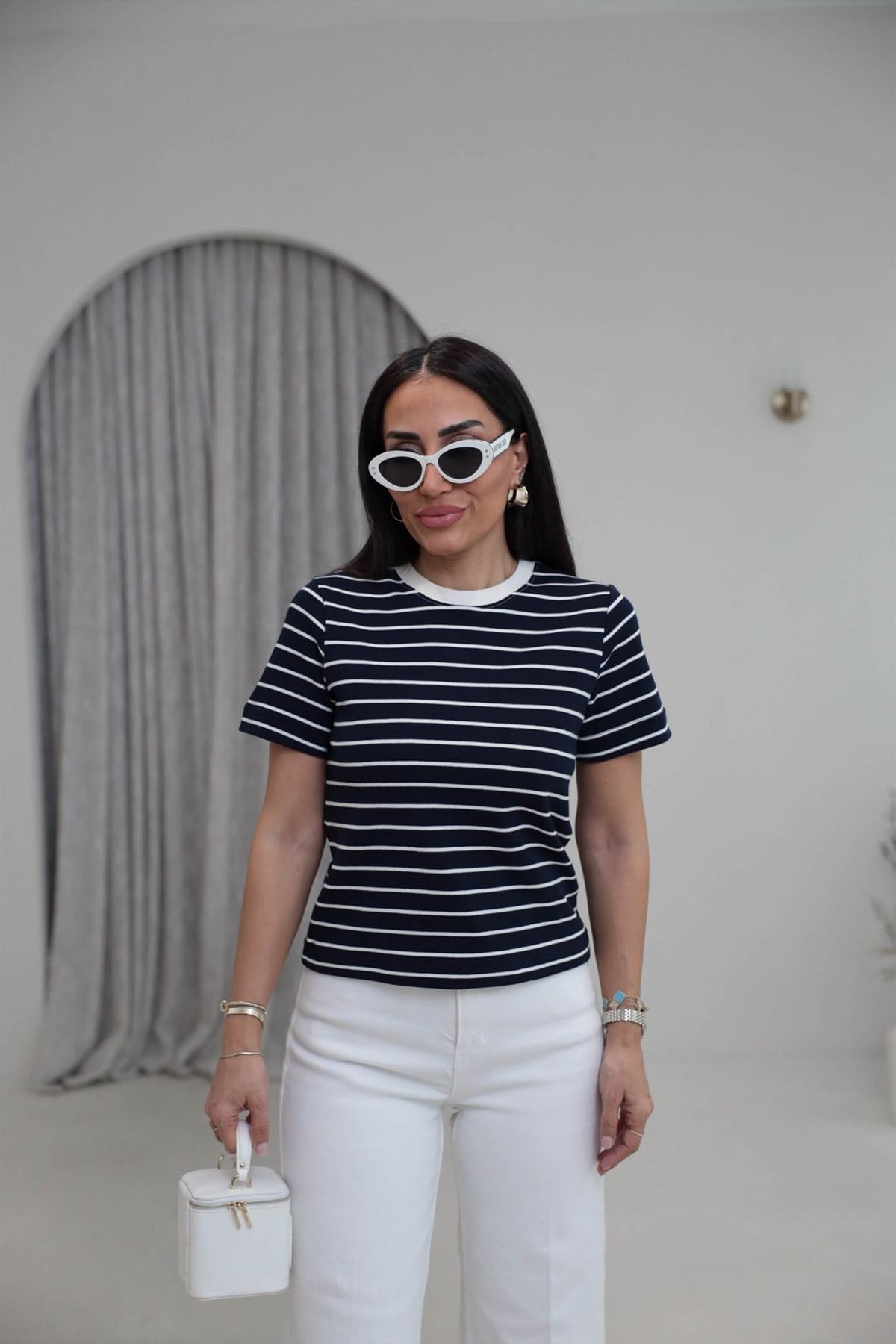 6711 Çizgili Pamuklu Tshirt LACİ-BEYAZ