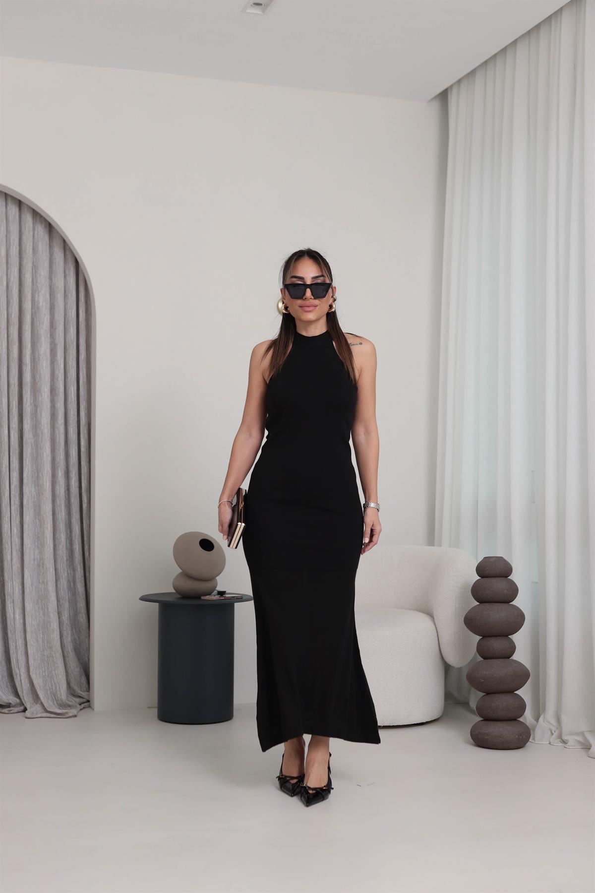 4224 Halter Yaka Triko Elbise SİYAH