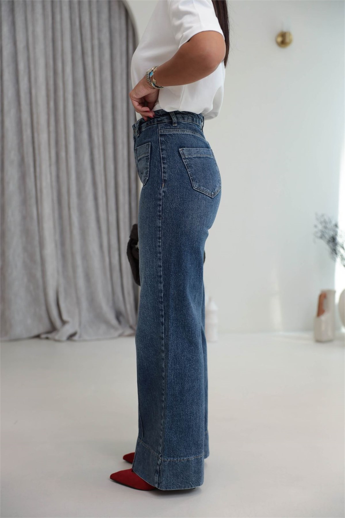 1040 Ön Cep ve Paça Detaylı Wide Leg Jean MAVİ