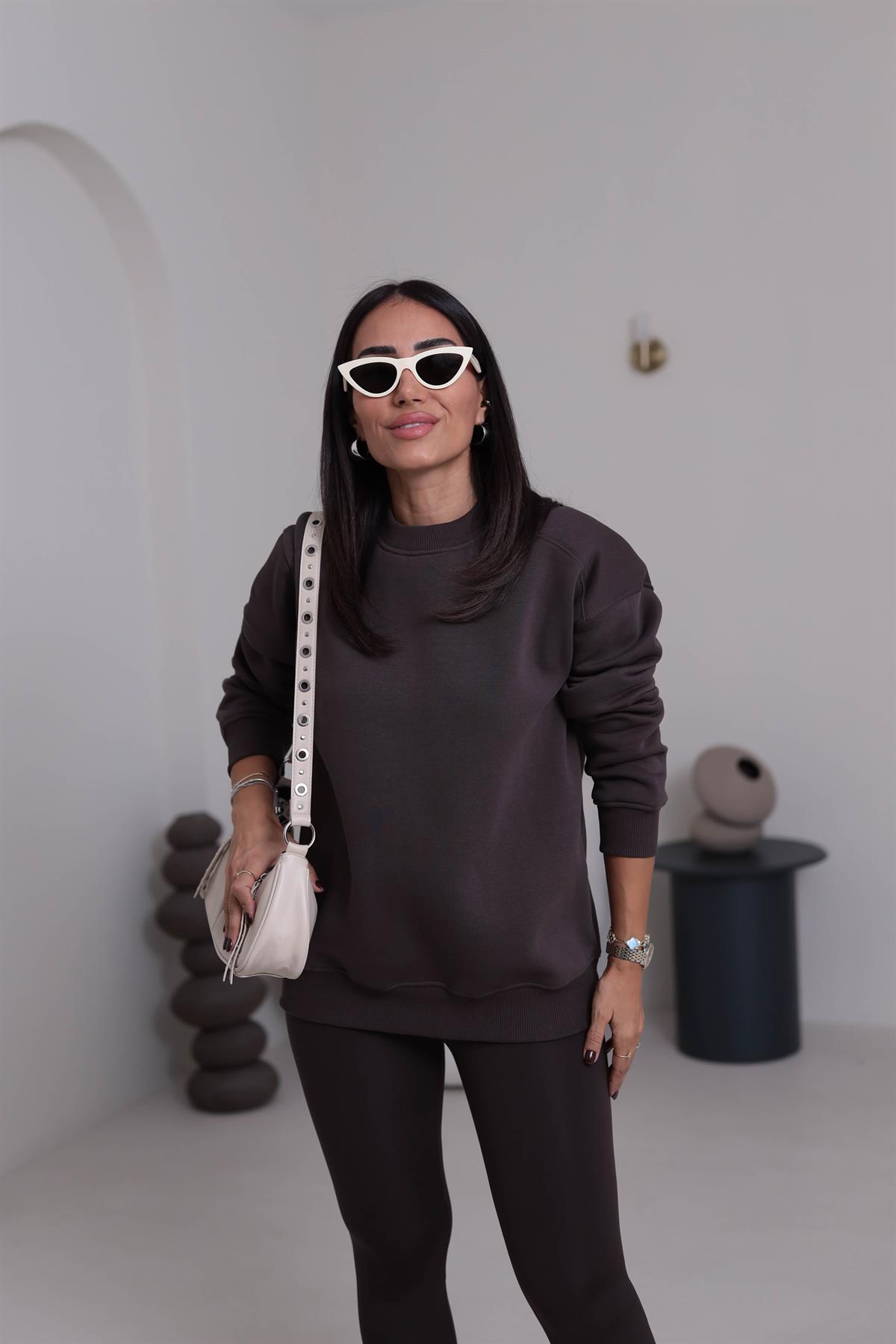 7912 Bisiklet Yaka Şardonlu Sweatshirt ACI KAHVE