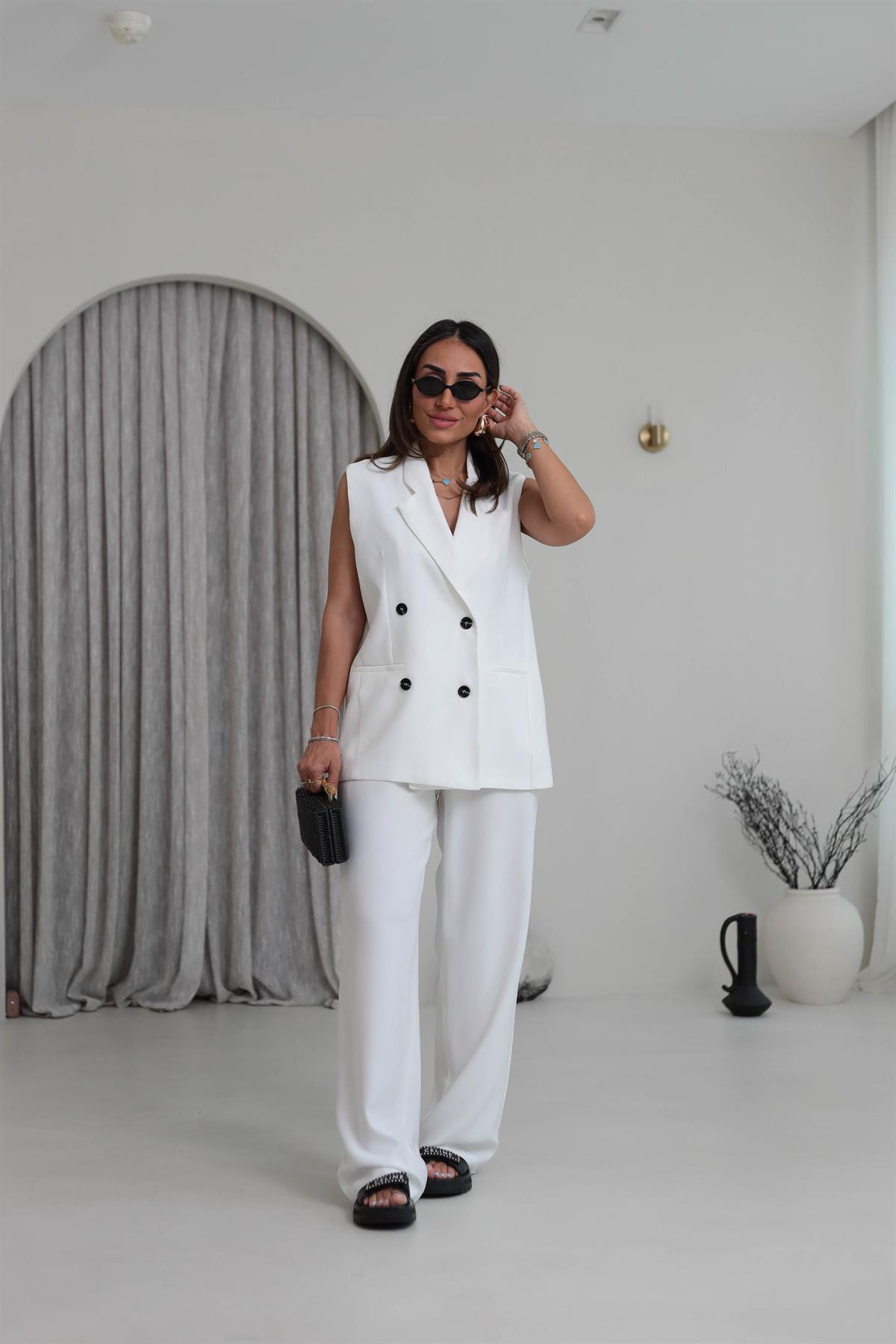 0382 Kruvaze Yaka Yelek Pantolon Tencel Takım BEYAZ