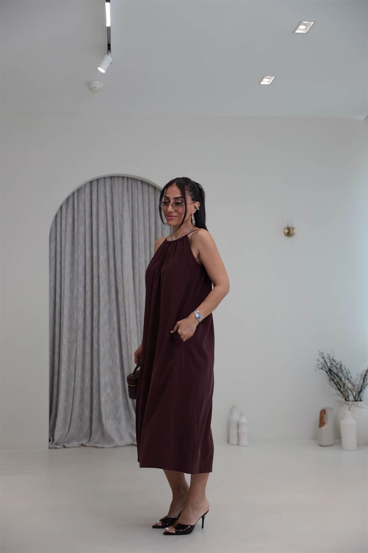 1106C İpli Halter Yaka Cepli Tencel Elbise BORDO