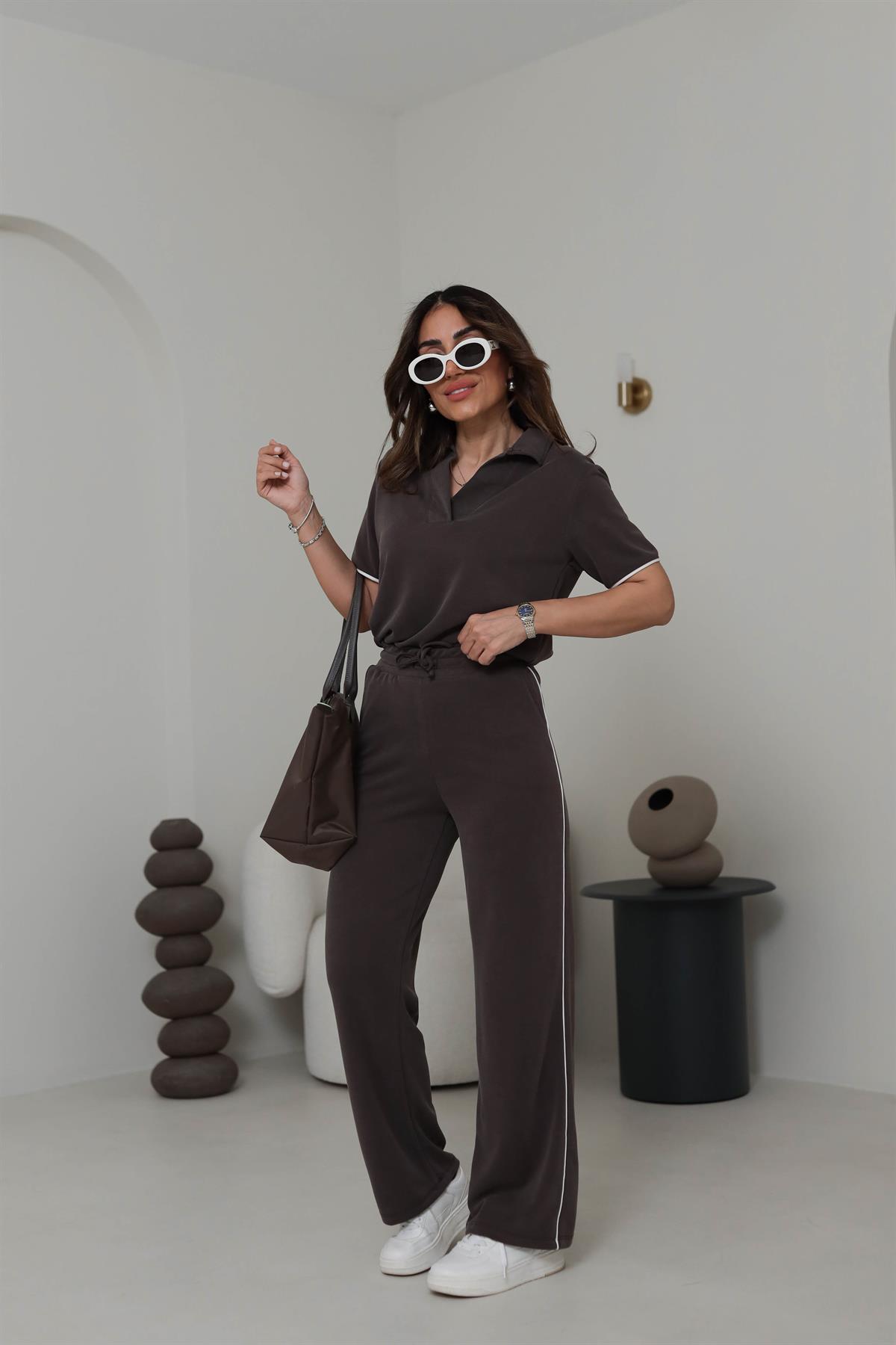 Polo Yaka Şeritli Detaylı Pike Modal Takım KAHVE