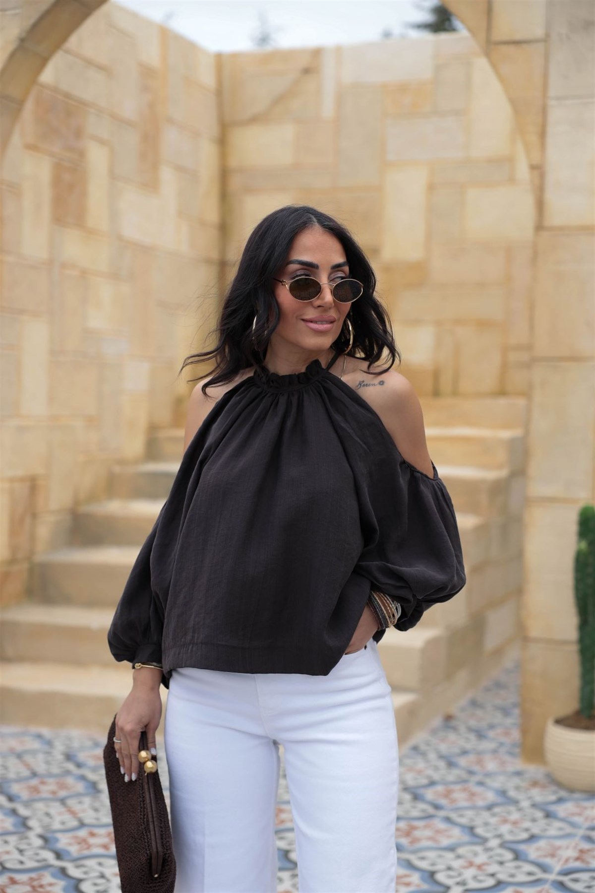 3264 Büzgülü Kol Dekolteli Bluz KAHVE