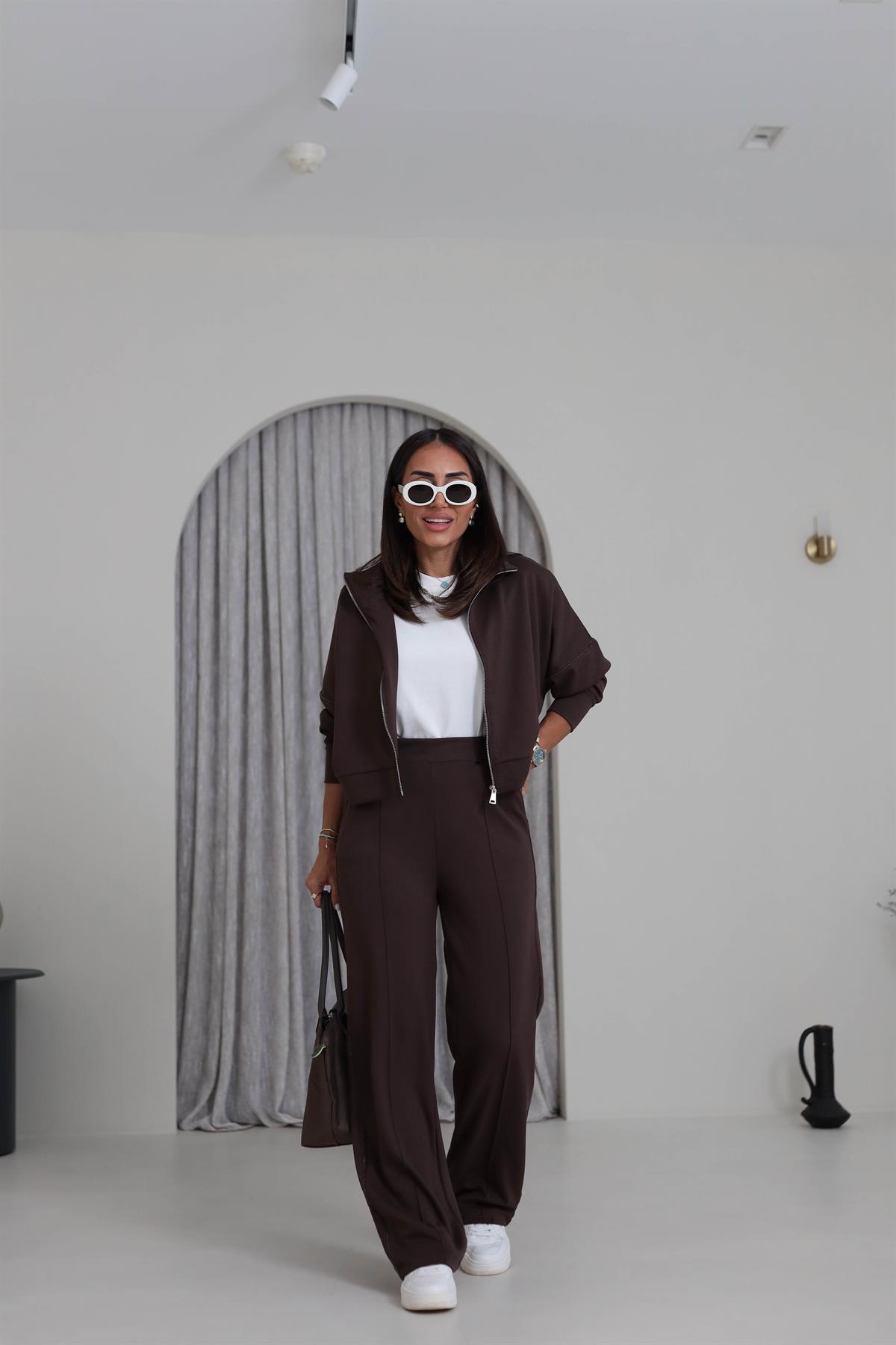 2378 Ceketi Fermuarlı Zincir Detay Modal Takım KAHVE