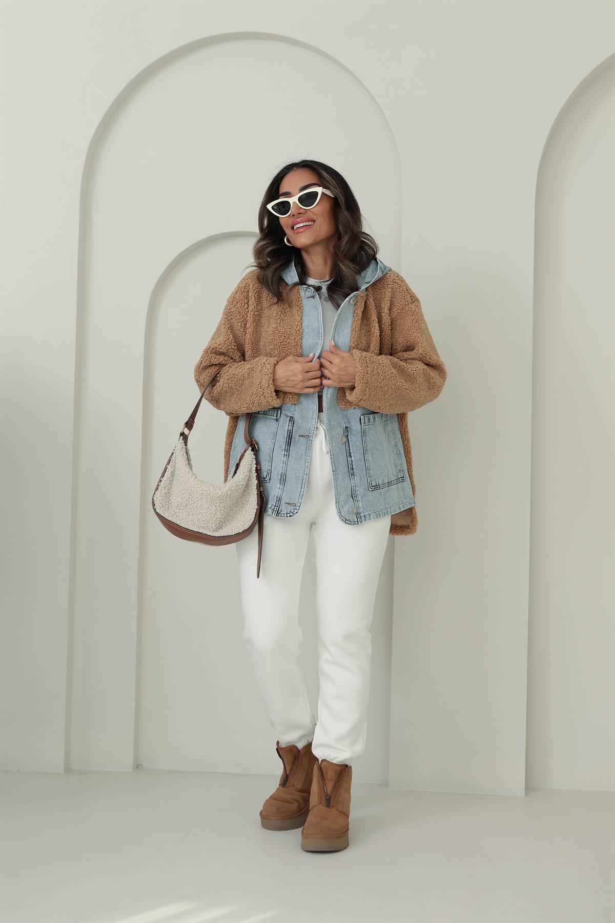 4163 Kot Garnili Kapşonlu Teddy Mont CAMEL