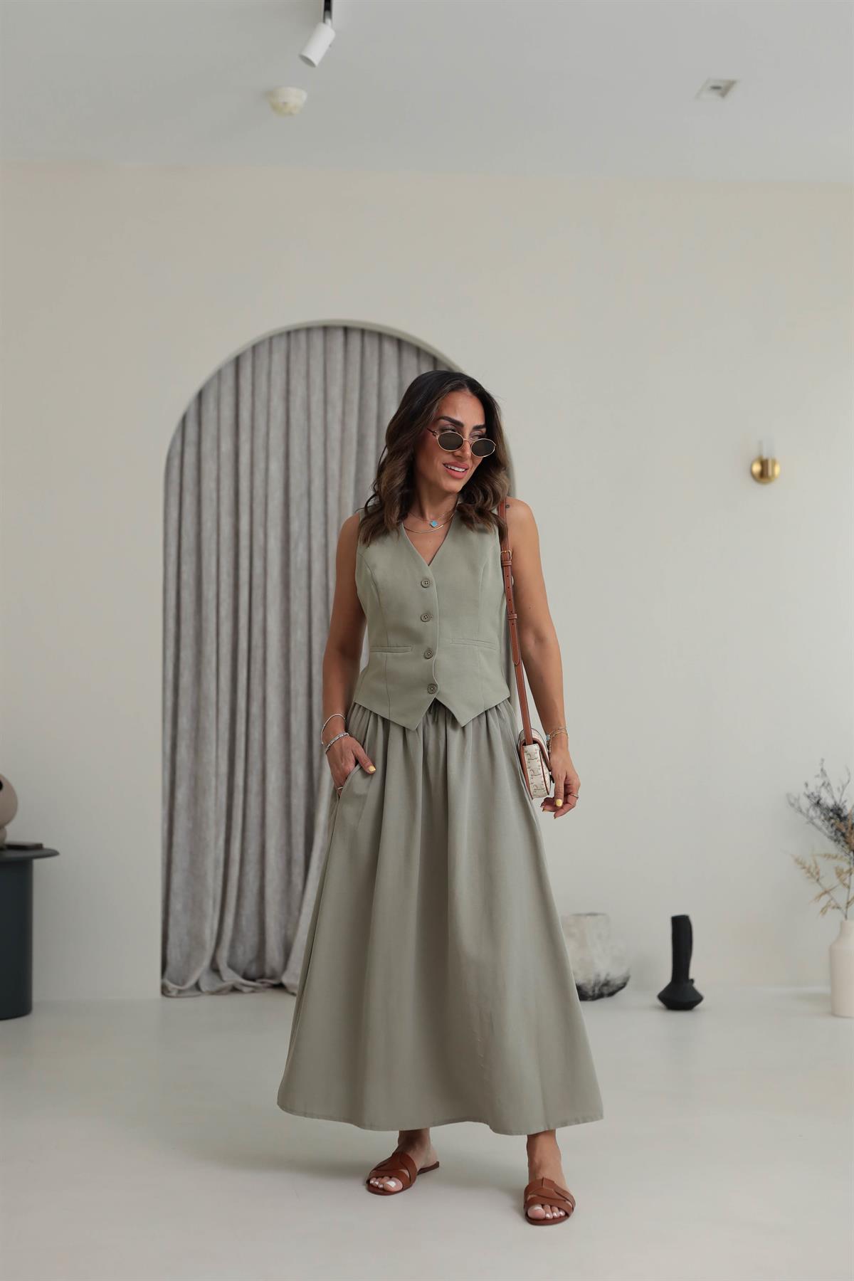 7730 Cepli Beli Lastikli Midi Etek HAKİ YEŞİL