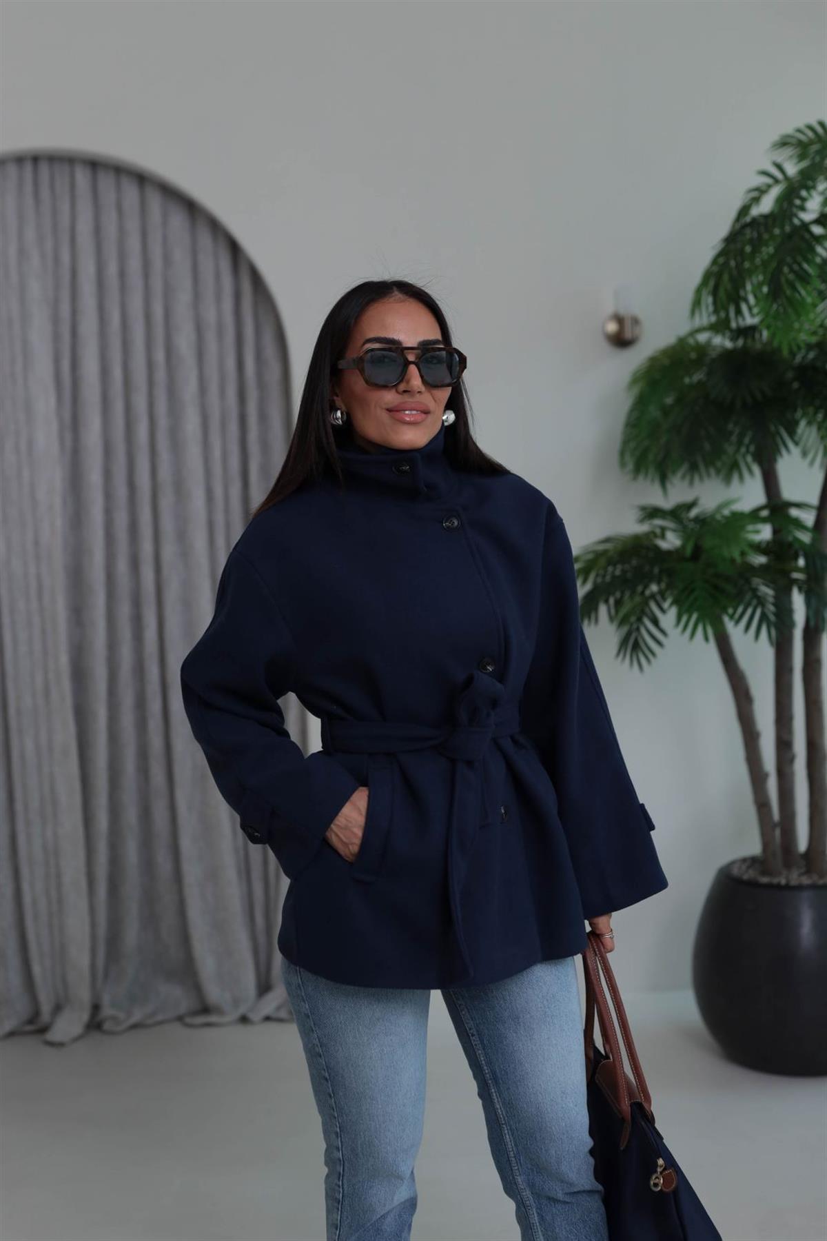 0646 Kuşaklı Yakalı Kaşe Kaban LACİVERT