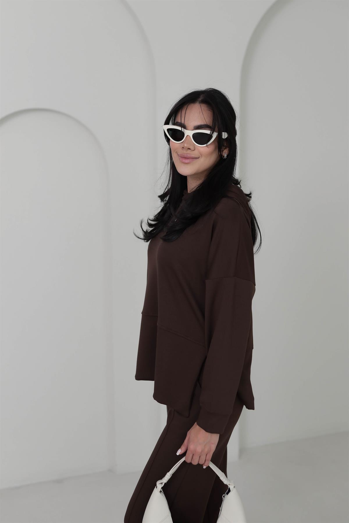 2130 Kapşonlu Uzun Kol Modal Penye Takım KAHVE