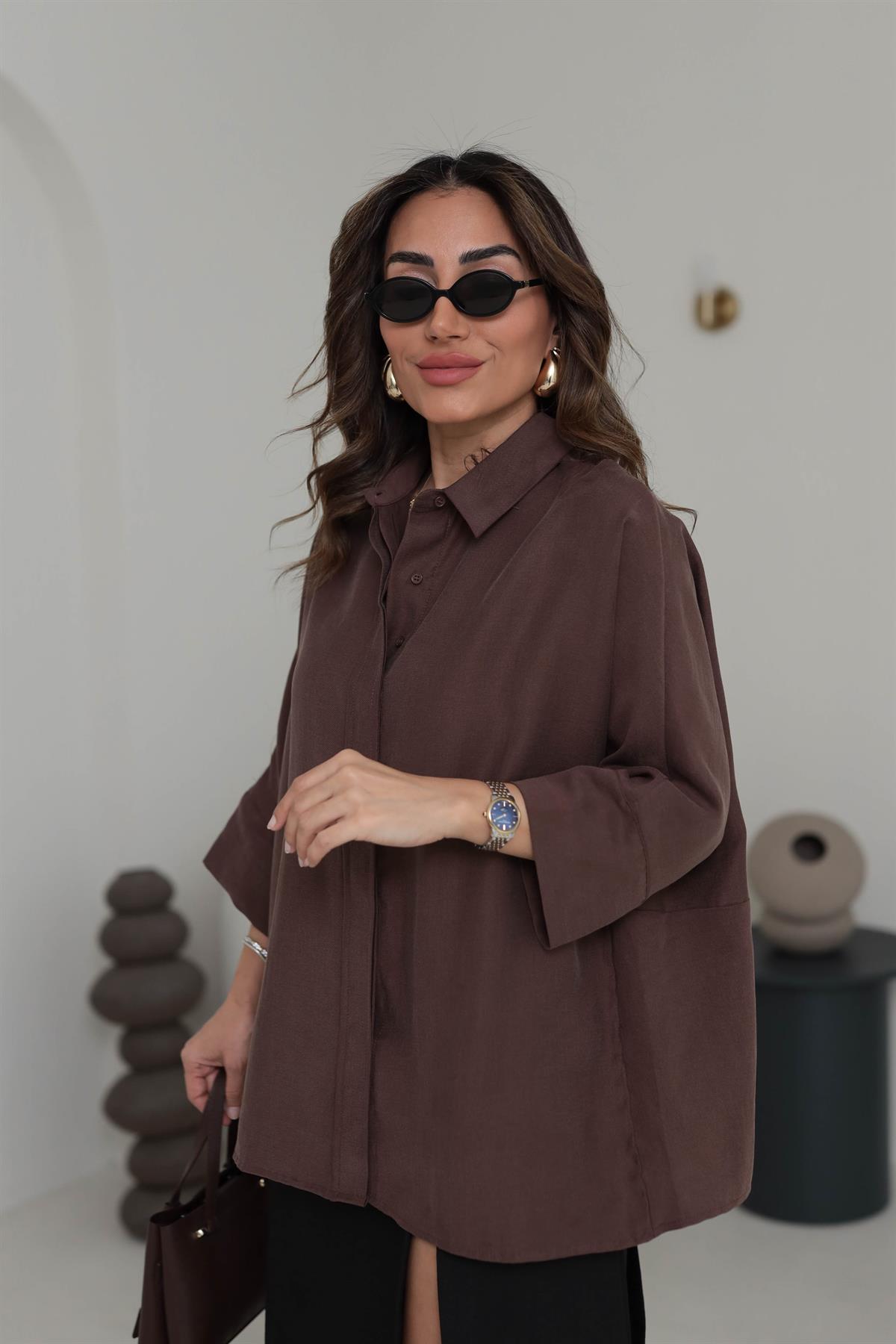 3440 Yarasa Kol Gizli Düğme Detaylı Rahat Gömlek KAHVE