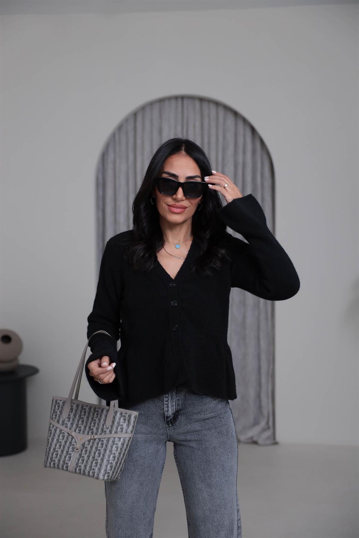 4930 V Yaka İspanyol Kol Peplum Hırka SİYAH