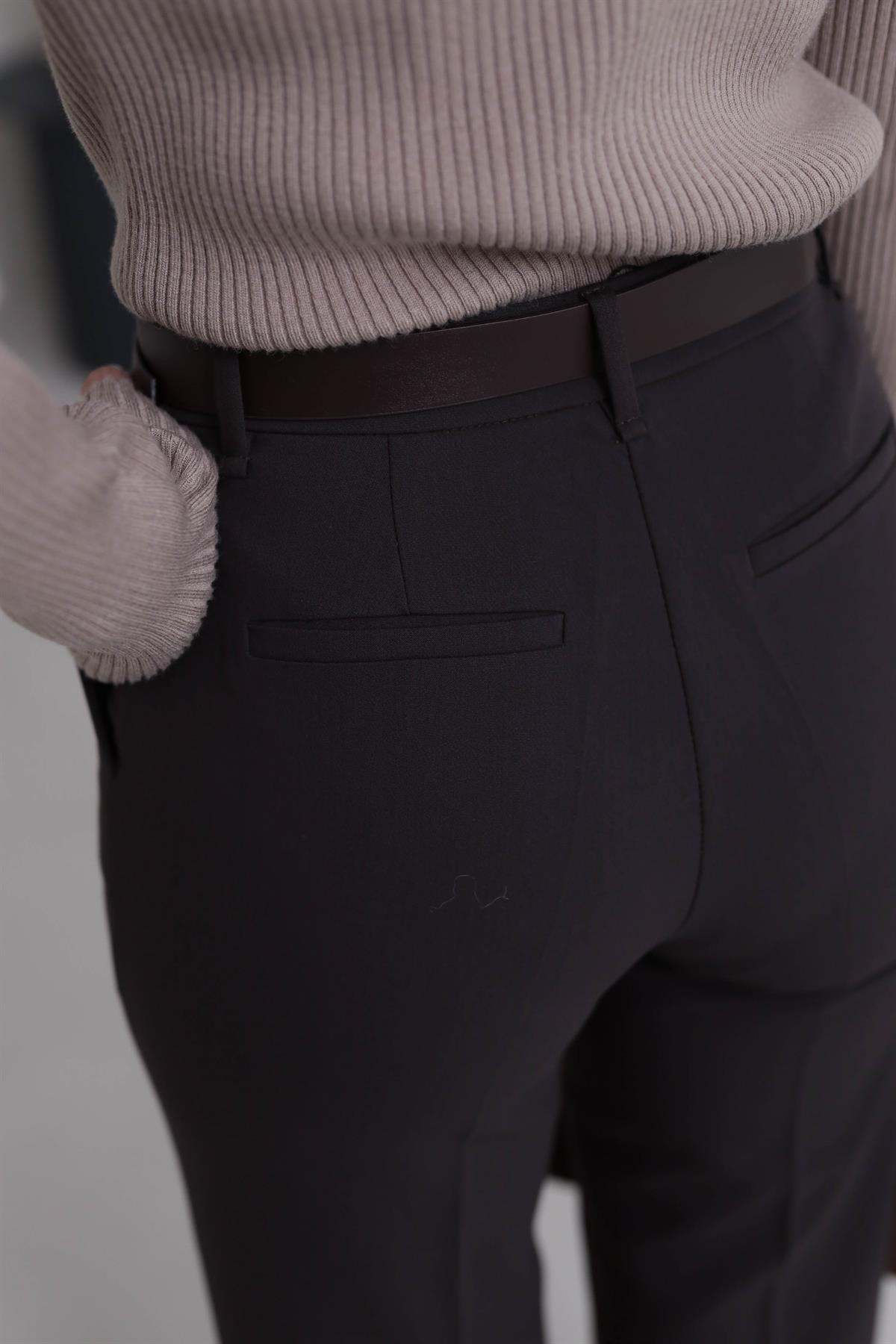 7038 Kemerli Kumaş Pantolon KOYU KAHVE