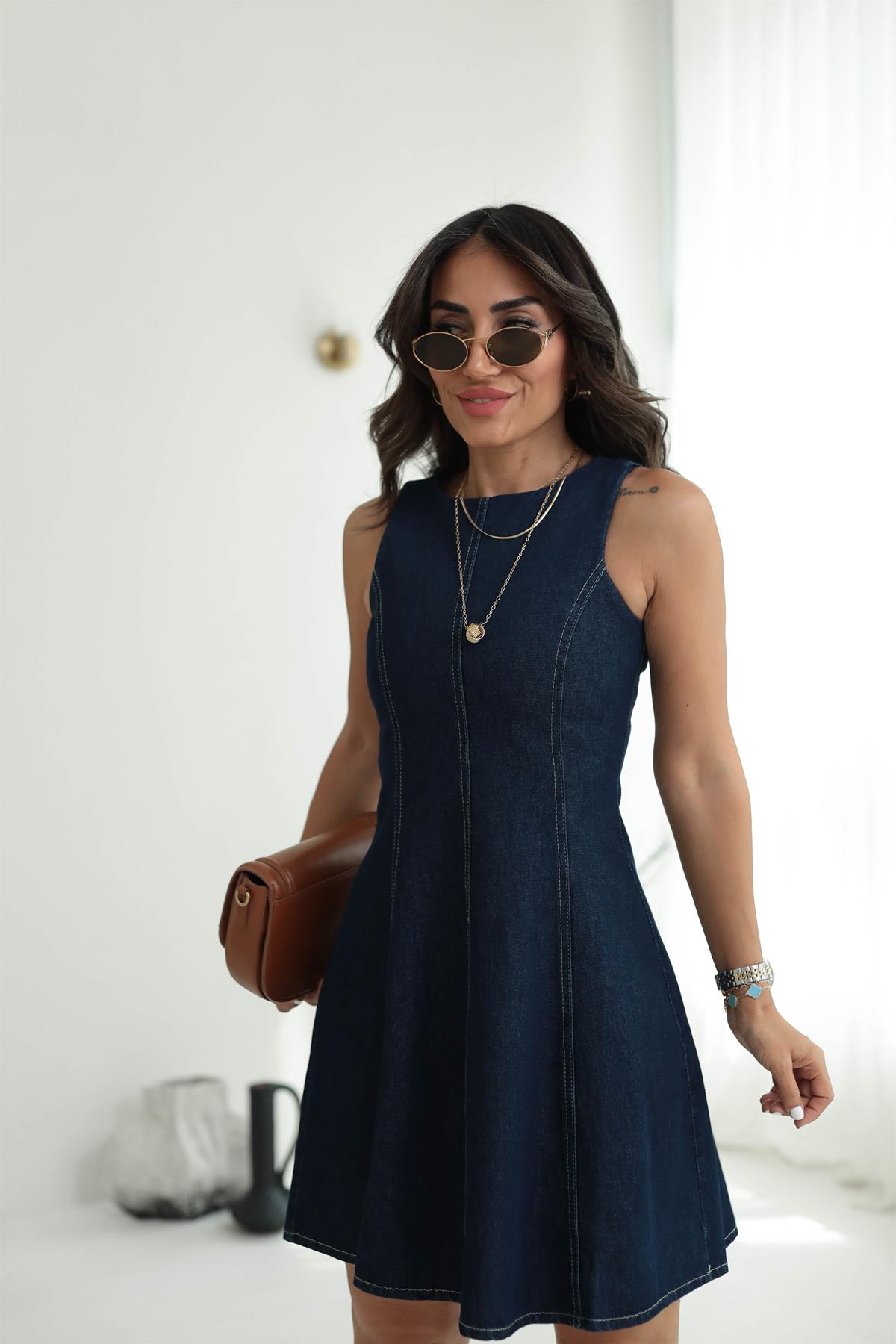 0433 Sıfır Kol Kloş Denim Elbise LACİVERT