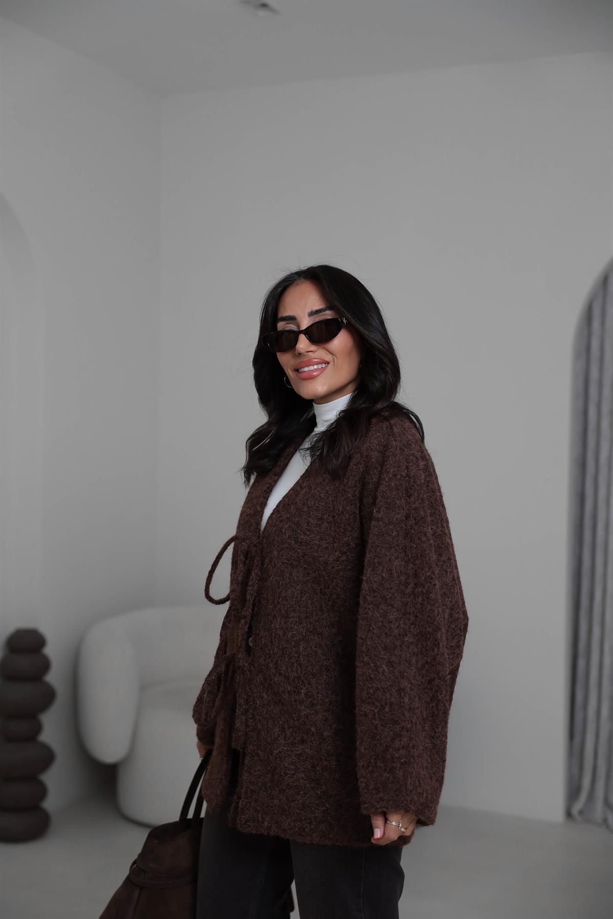 8989 Önü Bağlamalı Oversize Keçe Ceket KAHVE