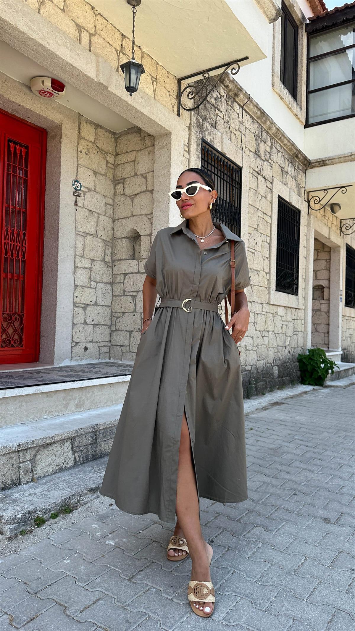 9679 Kemerli Kısa Kol Gömlek Elbise