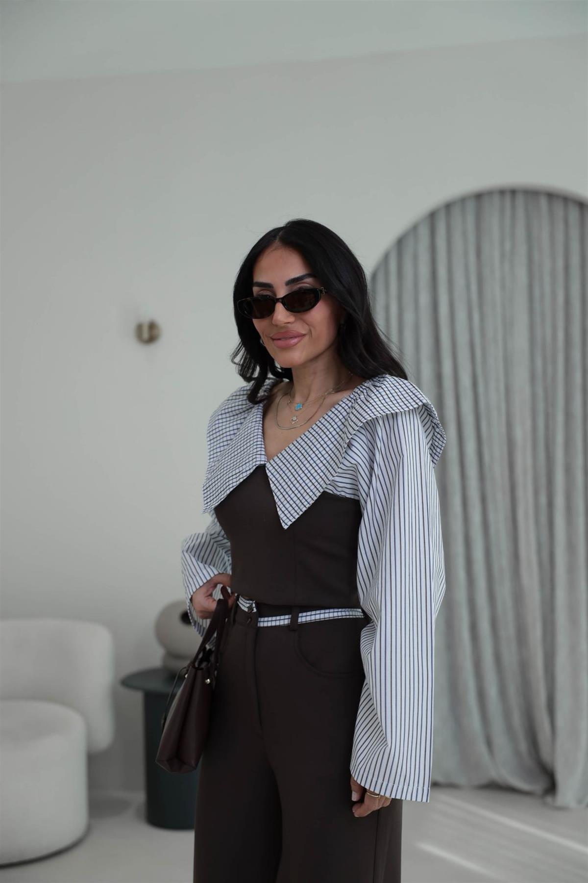 0675 Anime Poplin Yaka Modal Kumaş Takım ACI KAHVE