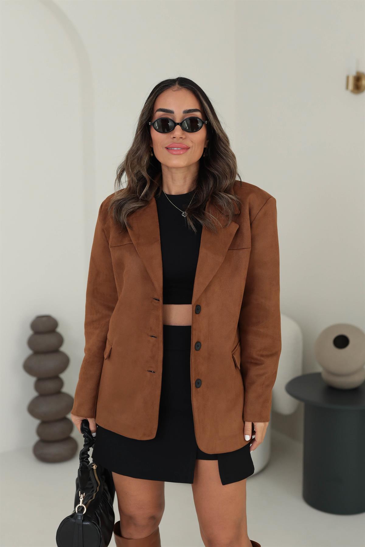 8022 Süet Kumaş Blazer Ceket TABA