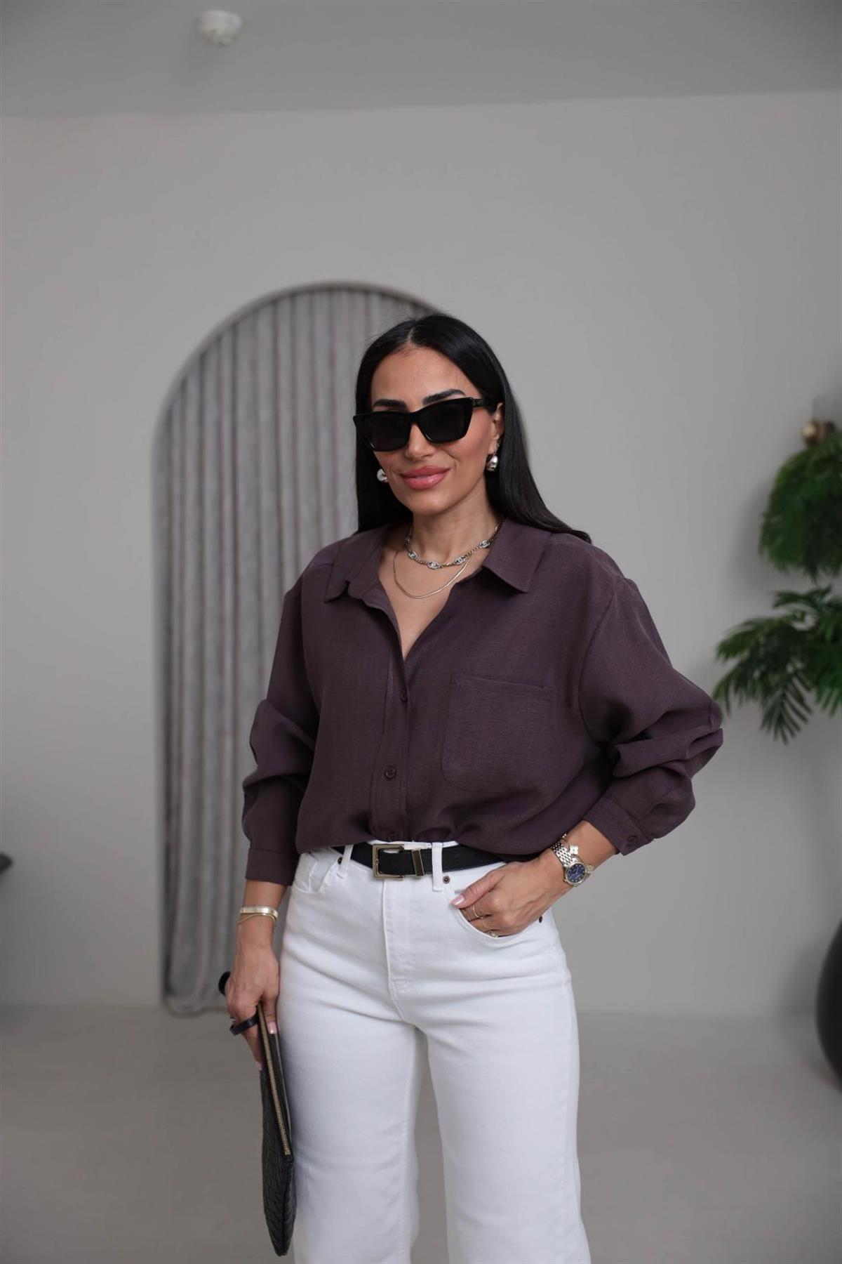 8454 Düşük Omuz Salaş Gömlek MÜRDÜM