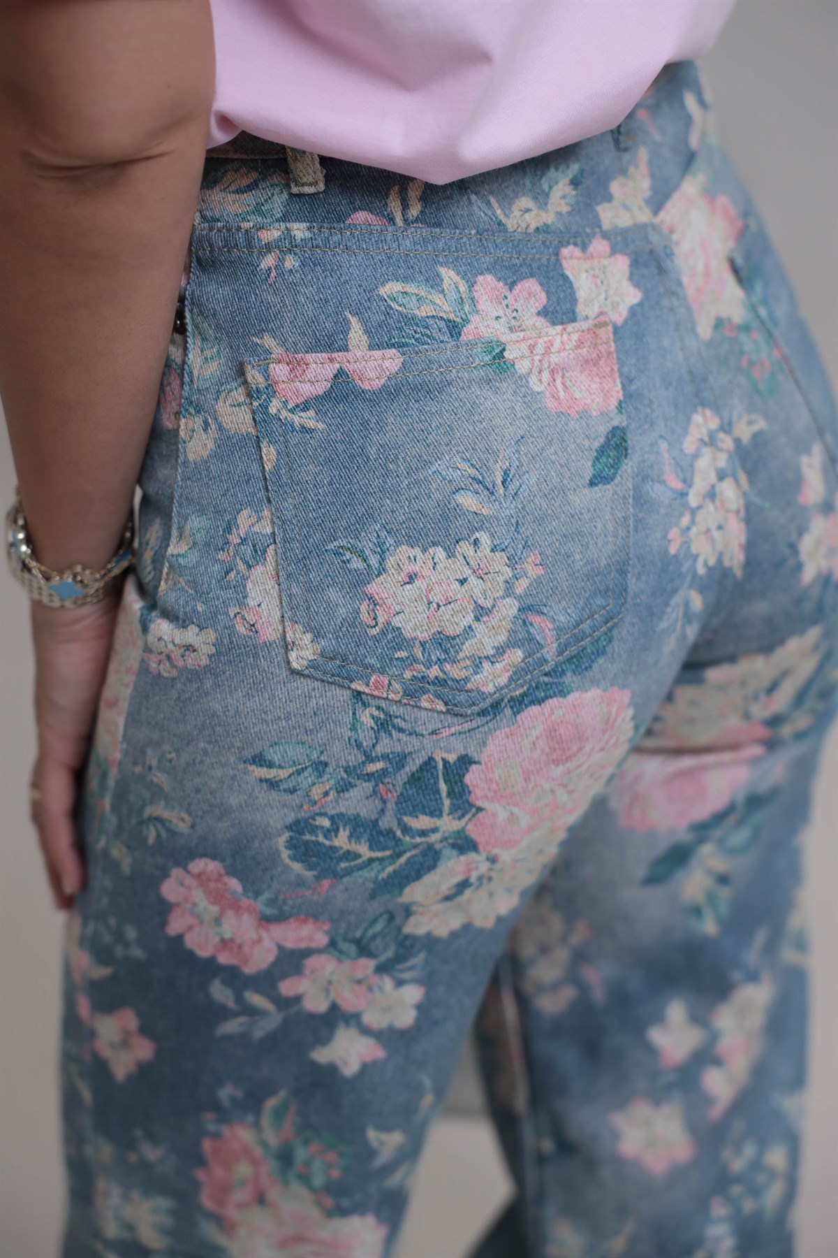 1033 Çiçek Desenli Yüksek Bel Kot Pantolon MAVİ