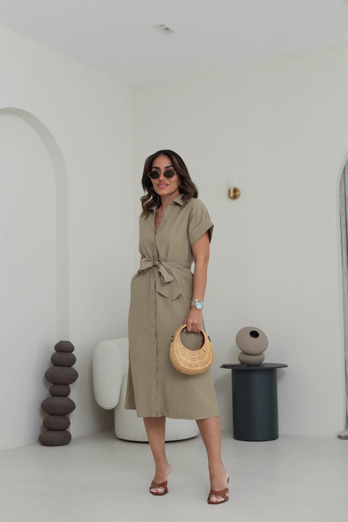 Orj Kuşaklı Gömlek Elbise HAKİ YEŞİL