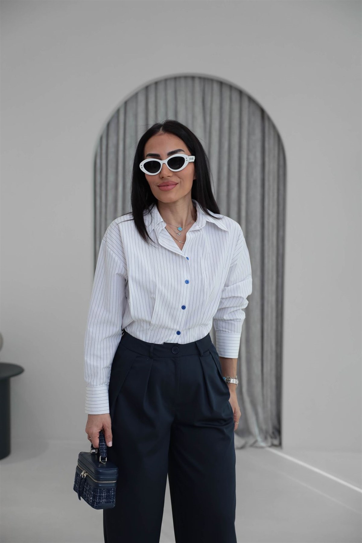 4531 Bel Pensli Çizgili Poplin Gömlek BEYAZ