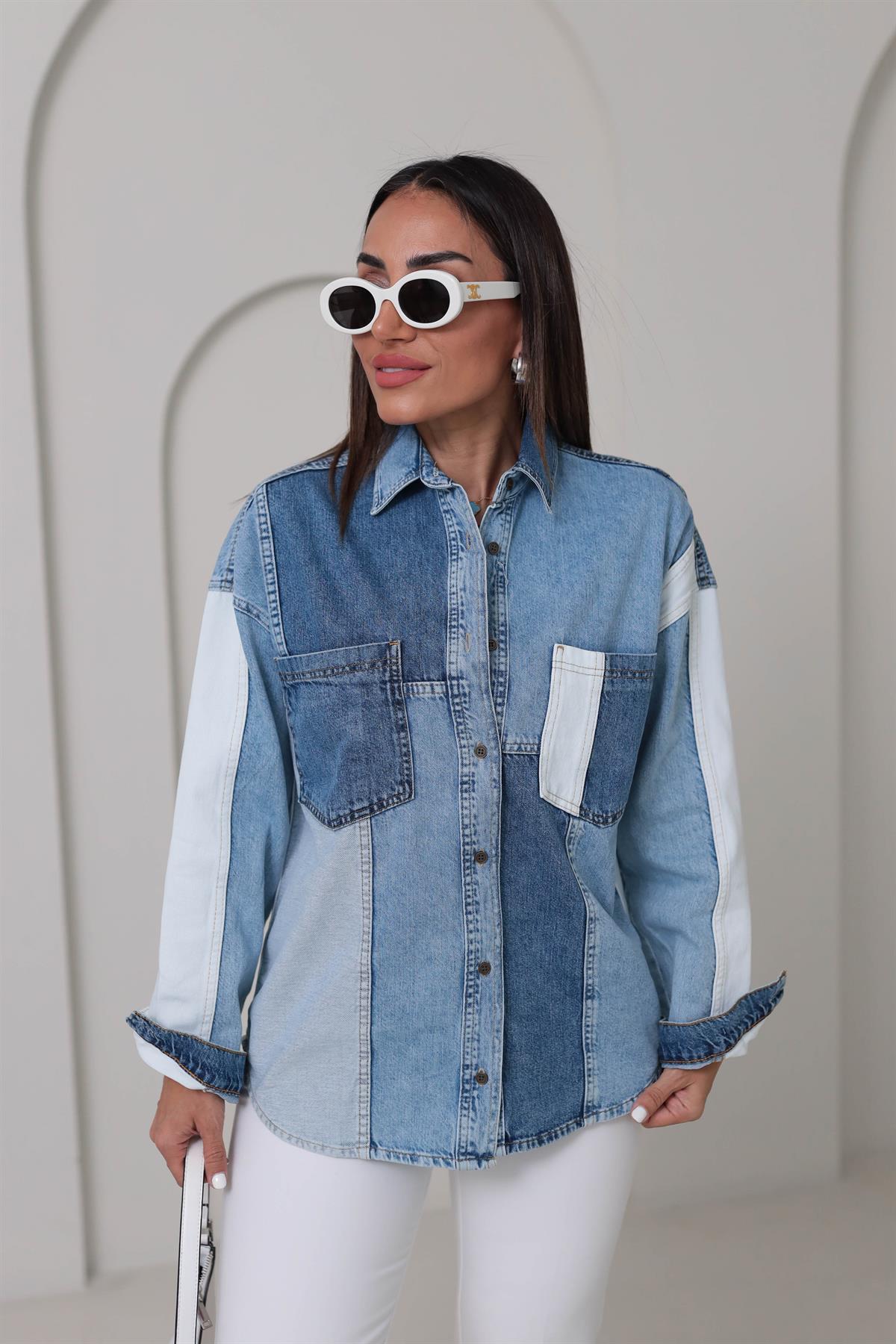 2162 Parçalı Denim Gömlek MAVİ