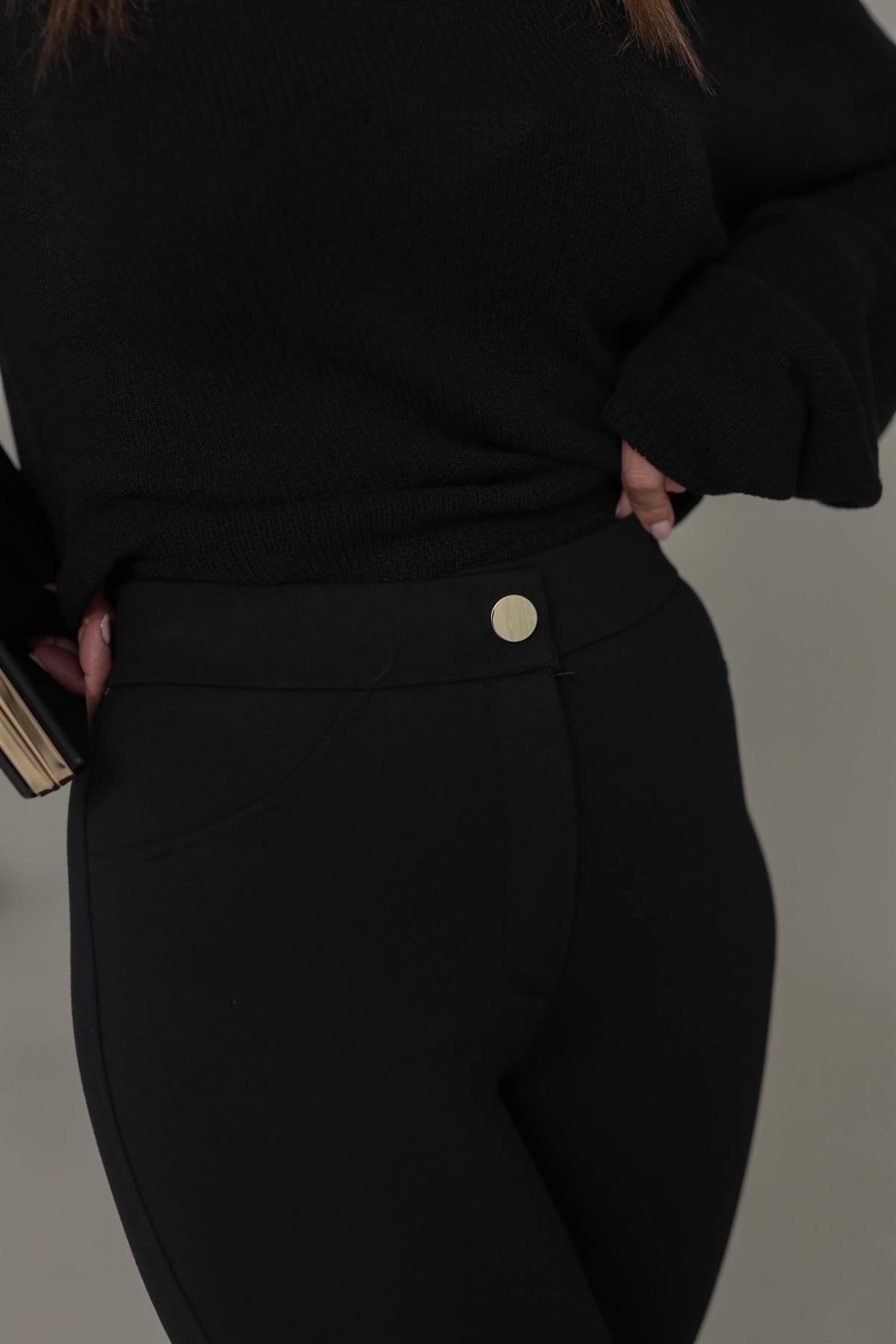5121 Gold Düğme Detaylı Tayt Pantolon SİYAH