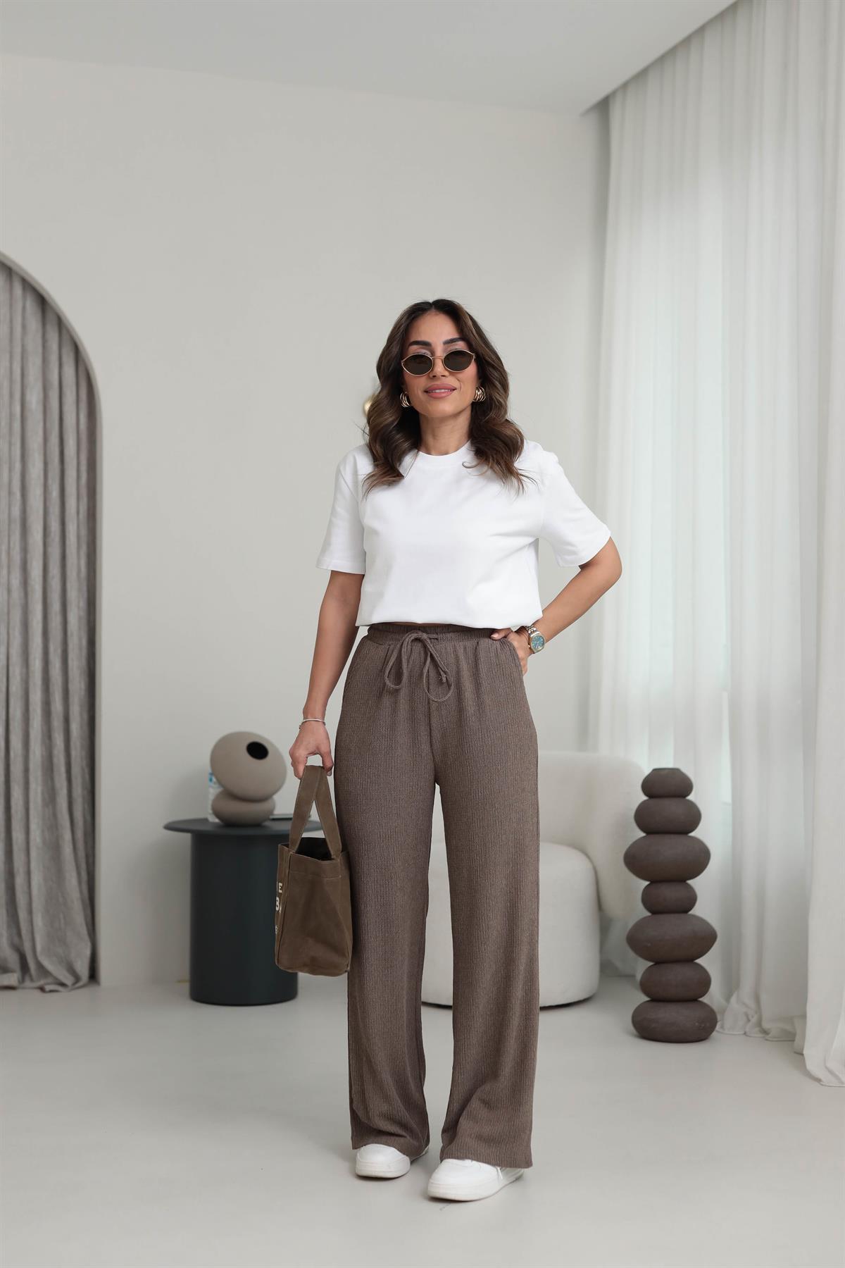 6525 Beli Lastikli Bürümcük Kumaş Rahat Pantolon VİZON