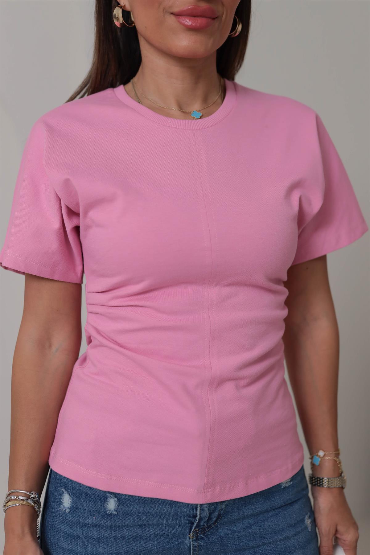 1585 Drape Detay Pamuklu Tshirt PEMBE
