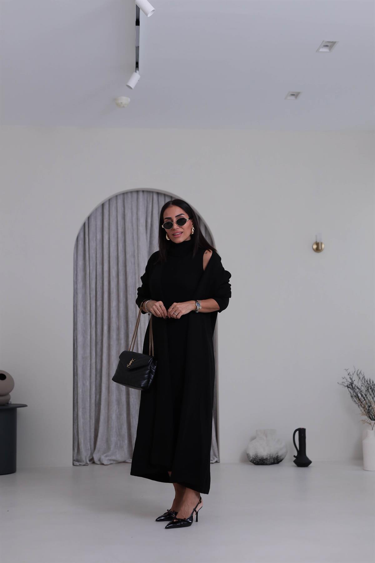 0117 Balıkçı Yaka Sıfır Kol Elbiseli Hırkalı Takım SİYAH